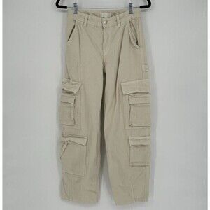 H&M Womens Baggy Fit Cargo Pants Size 2 Cream Wide Leg Y2K Rave 100% Cotton